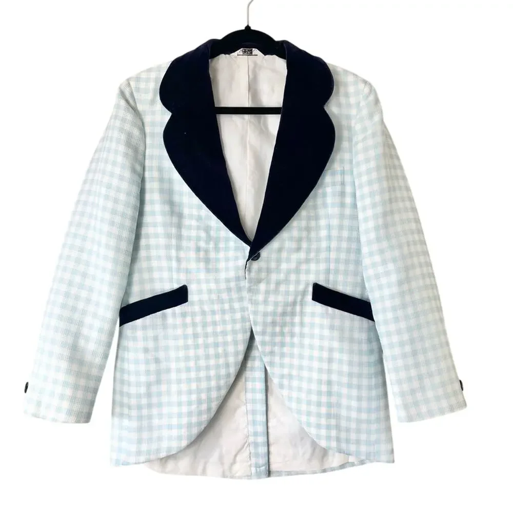 Vintage 60s Men's Blue Gingham Checkered Blazer with Bow Tie Size 38 Short
